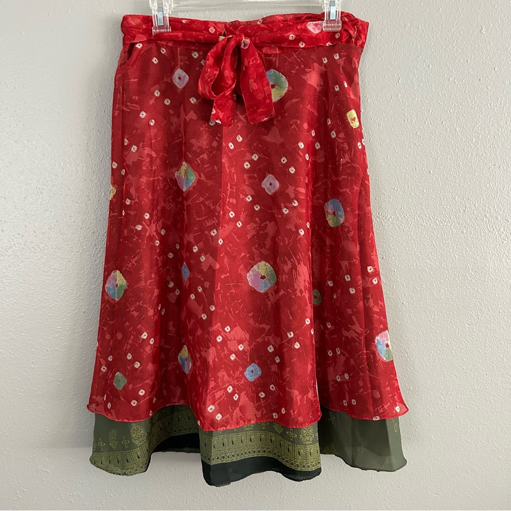 Two Layer Magic Wrap Midi Skirt One Size Adjustable Boho Hippie Red Green Flowy